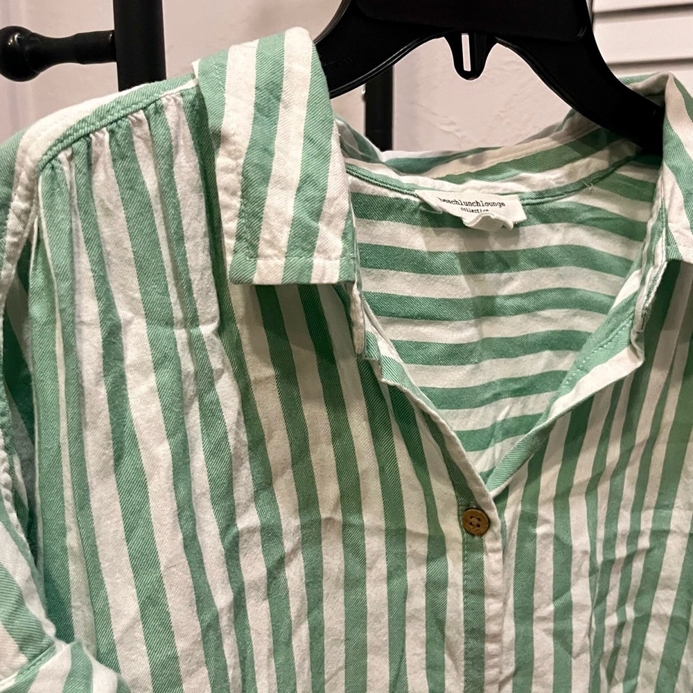 Green and White Striped Button-Up Shirt